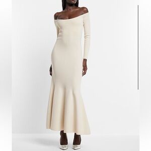 Express Bridal Wedding Cream Off-Shoulder Sweater Maxi Dress